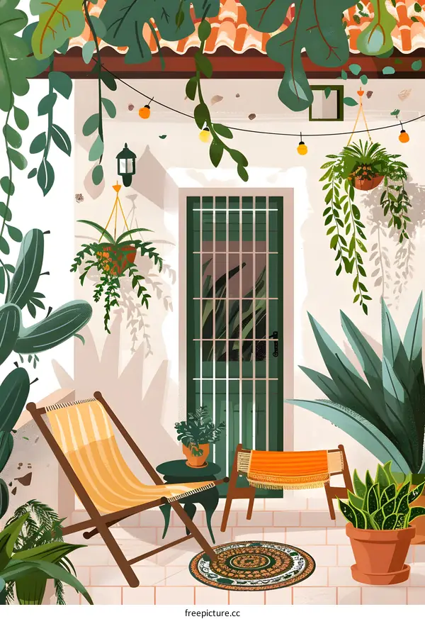 Relaxing Patio with Green Plants and Hanging Lights
