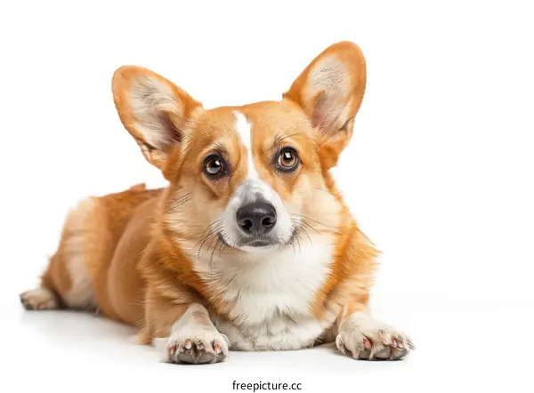 Cute Corgi Dog Lying Down on White Background