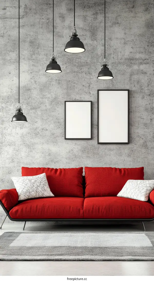 Modern Red Sofa in a Concrete Wall Living Room