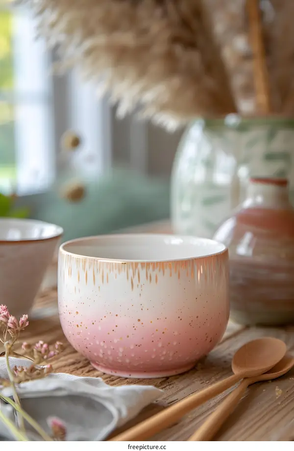 Pink and White Ceramic Bowl with Gold Detail