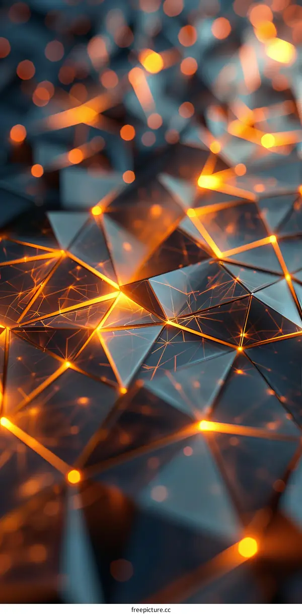 Abstract 3D rendering of a dark, faceted surface with glowing orange highlights.