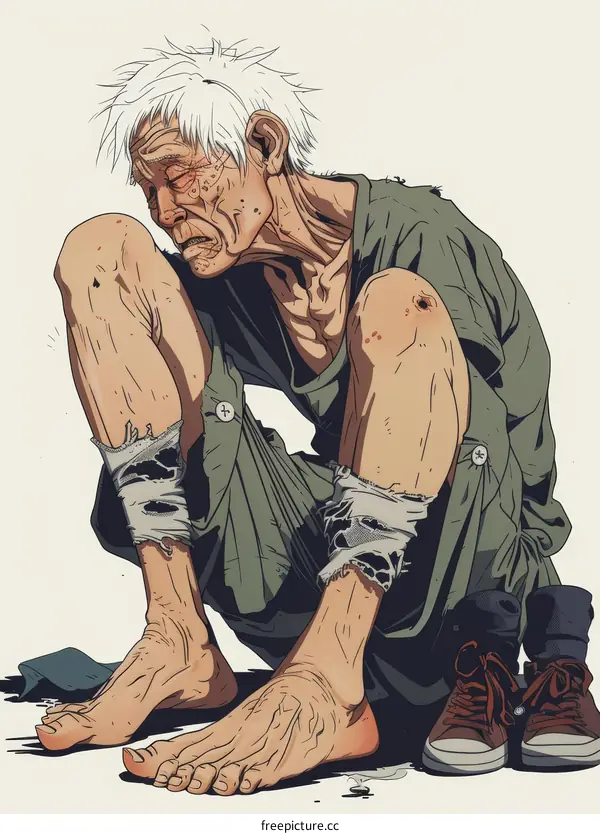 An old man sits on the ground with his head in his hands