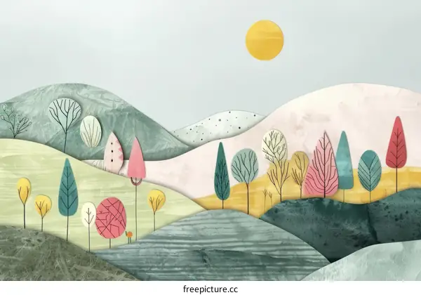 Colorful rolling hills and trees illustration