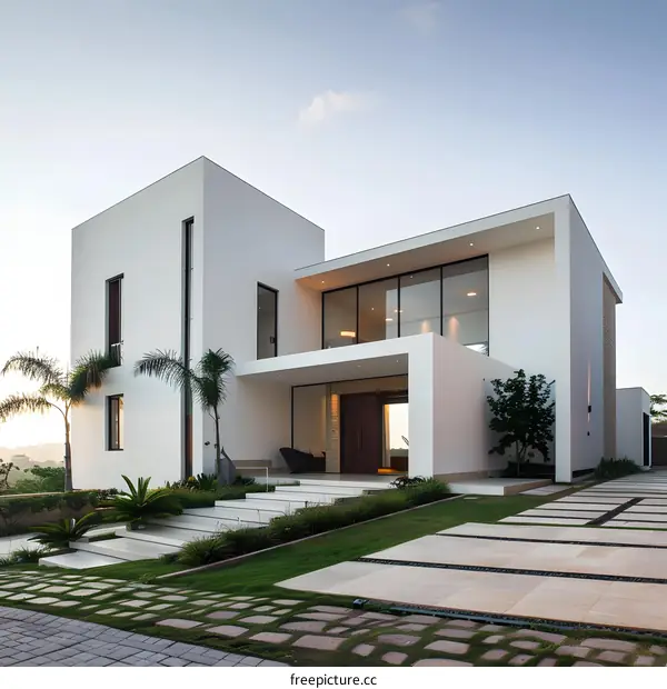 Modern White House with Large Windows and Palm Trees