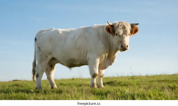 White Cow Standing on Green Grassy Field Under Blue Sky