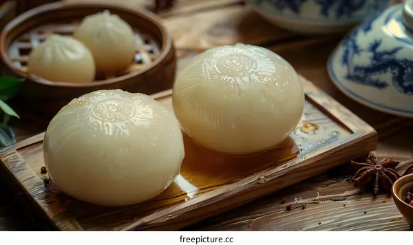 Closeup of Steamed Buns on Wooden Tray