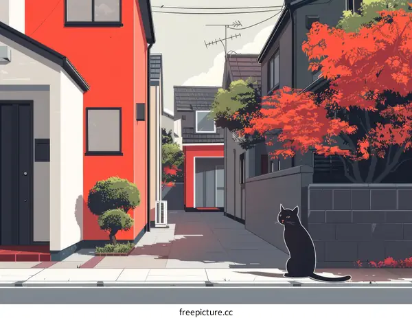 Black Cat on Sidewalk in Anime-Style Japanese Neighborhood