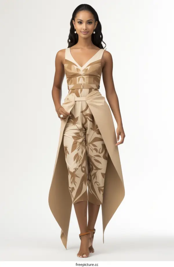 Model wearing a jumpsuit with a long beige coat with a floral pattern and brown belt