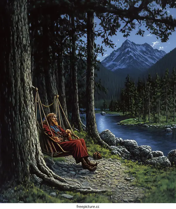 Man Sitting on a Swing in a Forest by a River