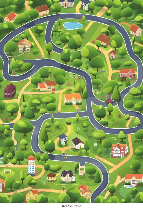 Cartoon illustration of a city park with winding roads and houses