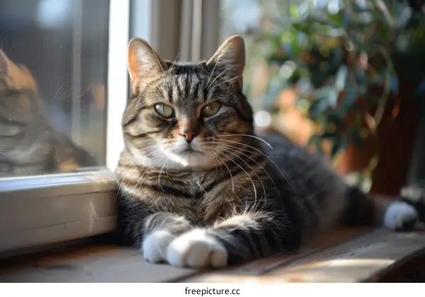 A cute cat is sitting on a wooden window sill and looking at the camera