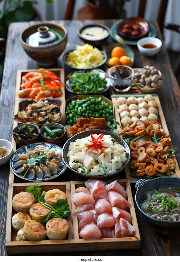 Vietnamese Food Feast On A Wooden Table
