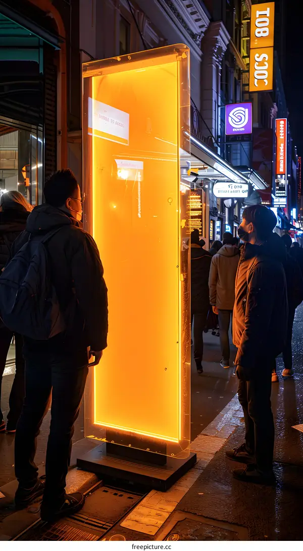 People Watching a Bright Orange Light Installation in the City at Night