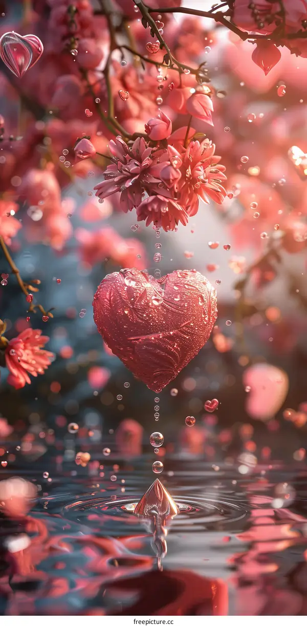 Pink Heart-Shaped Crystal with Water Droplets