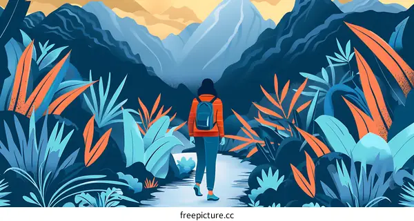 Woman Walking Through Lush Jungle With Mountains In The Distance