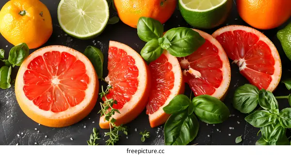grapefruit and lime slices with basil leaves