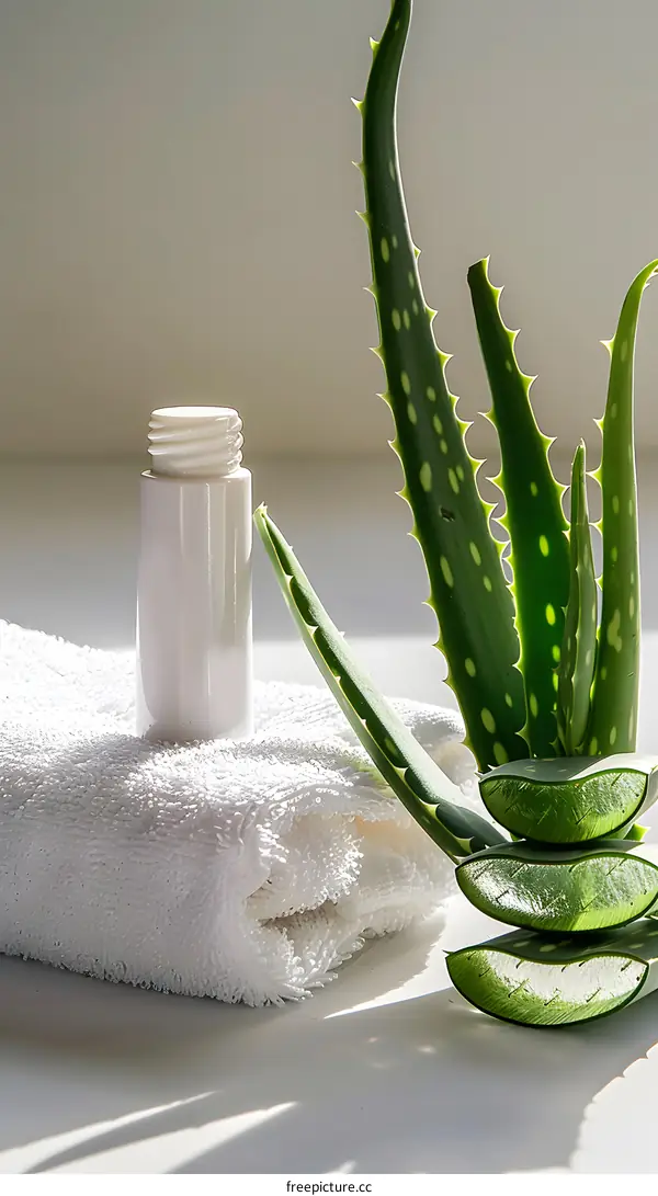 Aloe Vera Plant and Bottle of Lotion on White Towel