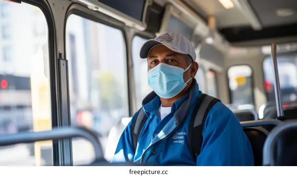 Hispanic man wearing a mask on a bus