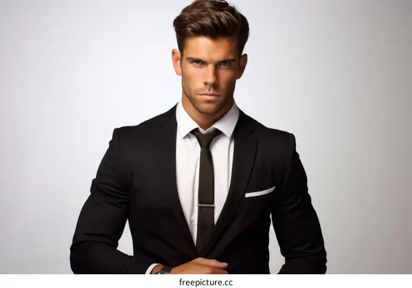 Handsome young businessman in black suit and tie
