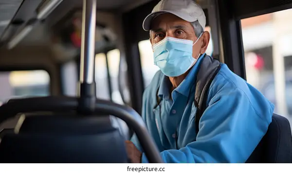 Hispanic man wearing a mask on a bus