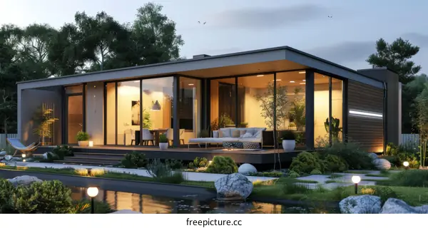 Modern house exterior with large glass windows and a terrace with a seating area and a view of the garden