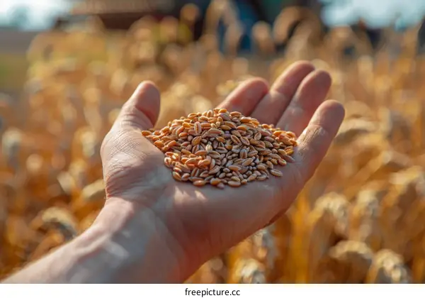 Handful of Wheat Grains in the Countryside