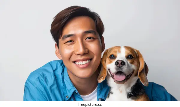 A young Asian man with short dark brown hair is smiling next to a beagle dog