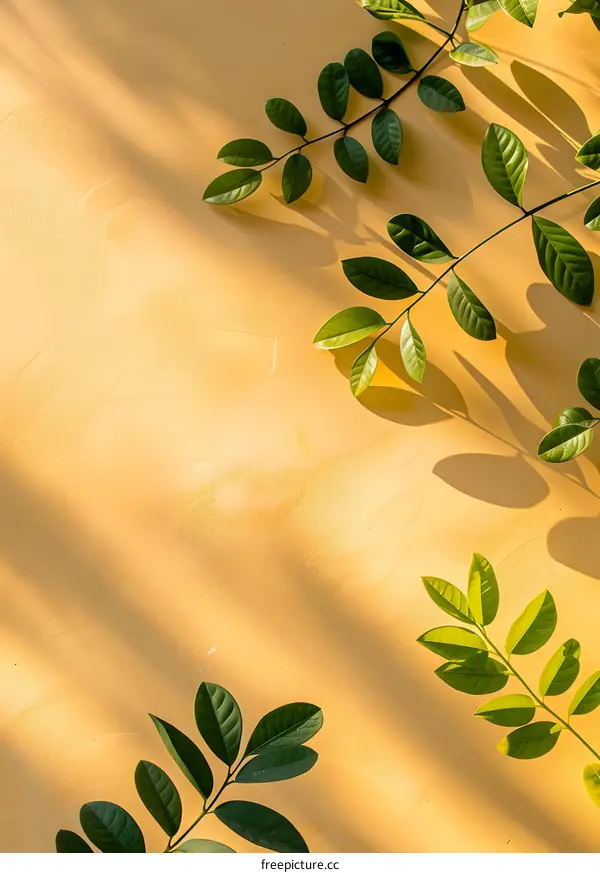 Green Leaves on a Yellow Wall with Sun Light