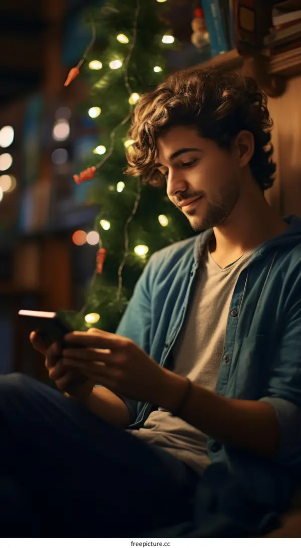 Young man smiling while texting on his phone with a Christmas tree in the background