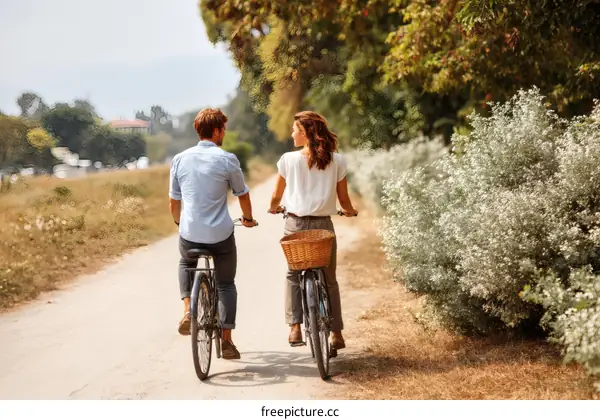 Couple Cycling Through Countryside Pathway