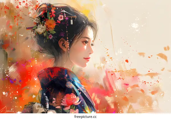 An illustration of a beautiful woman in a kimono with a red background