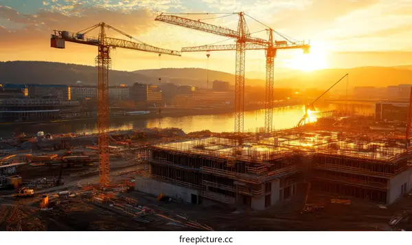 Construction Site at Sunset with Cranes