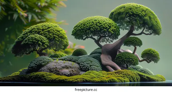 Bonsai trees in a terrarium with green moss and rocks
