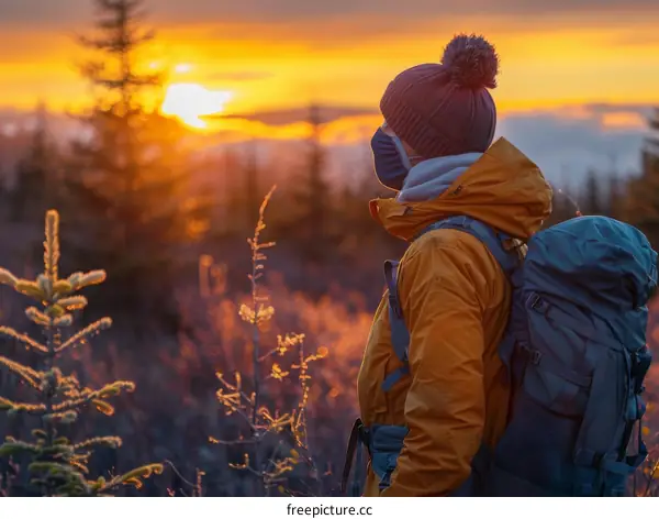 Woman in a yellow jacket and a mask looking at the sunset in the mountains