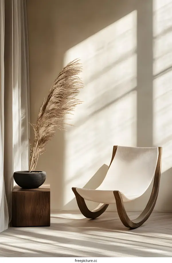 Minimalist Interior Design With Wooden Rocking Chair And Dried Pampas Grass