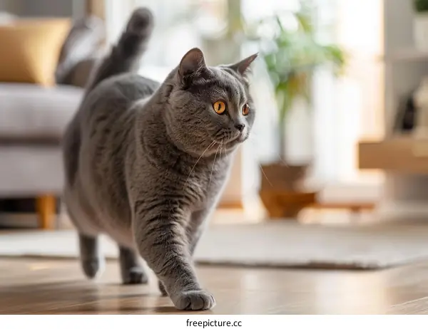 A gray cat is walking on the wooden floor in the living room