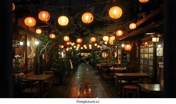 Japanese Street Food Alley at Night with Paper Lanterns