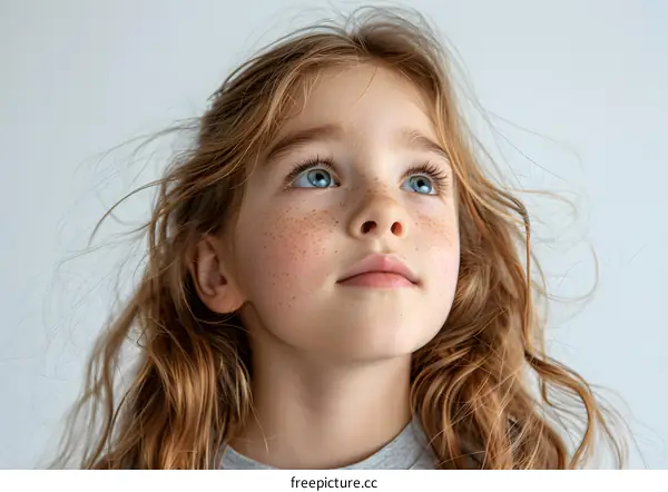 Portrait of Young Girl with Red Hair and Freckles Looking Up