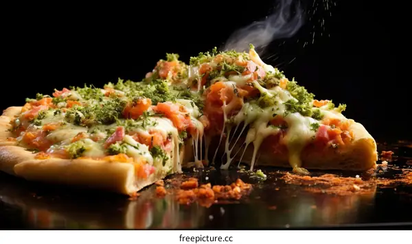 Close-up of a delicious pizza with melted cheese, broccoli, and salmon