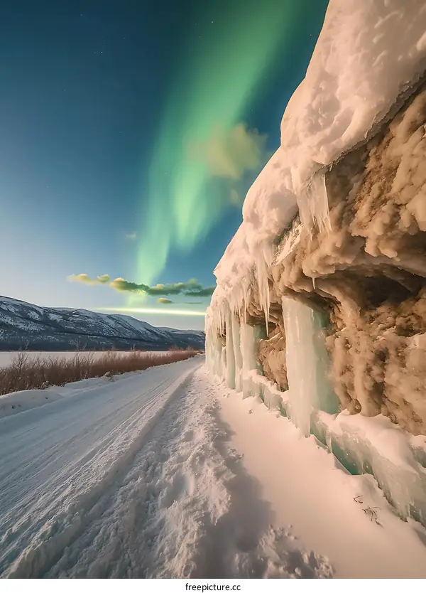Winter Landscape with Aurora Borealis and Icicles