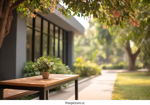 Outdoor Wooden Table with Plant in a Garden Setting