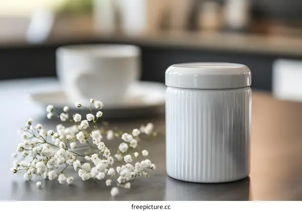 White Ceramic Jar with Lid and Flowers on Table