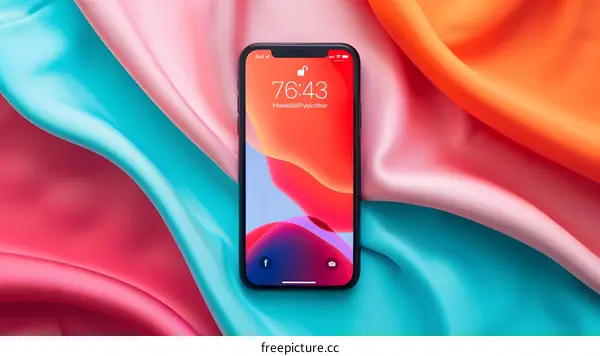 Modern Smartphone on Colorful Fabric Background