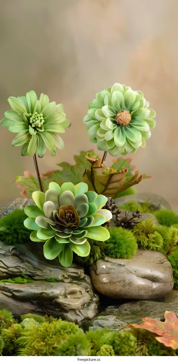 Green Flowers and Rocks with Moss