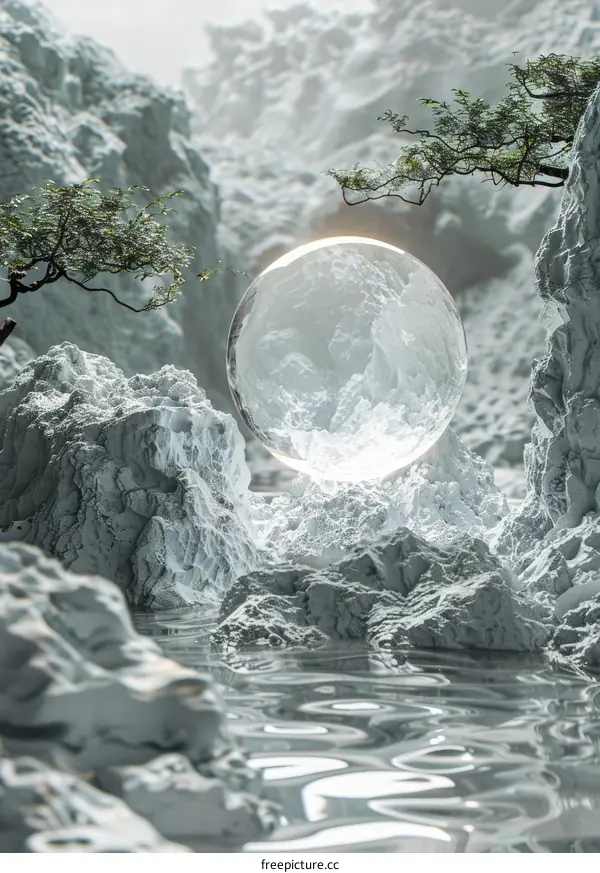 Glowing Sphere in Ice-Covered Mountain Landscape