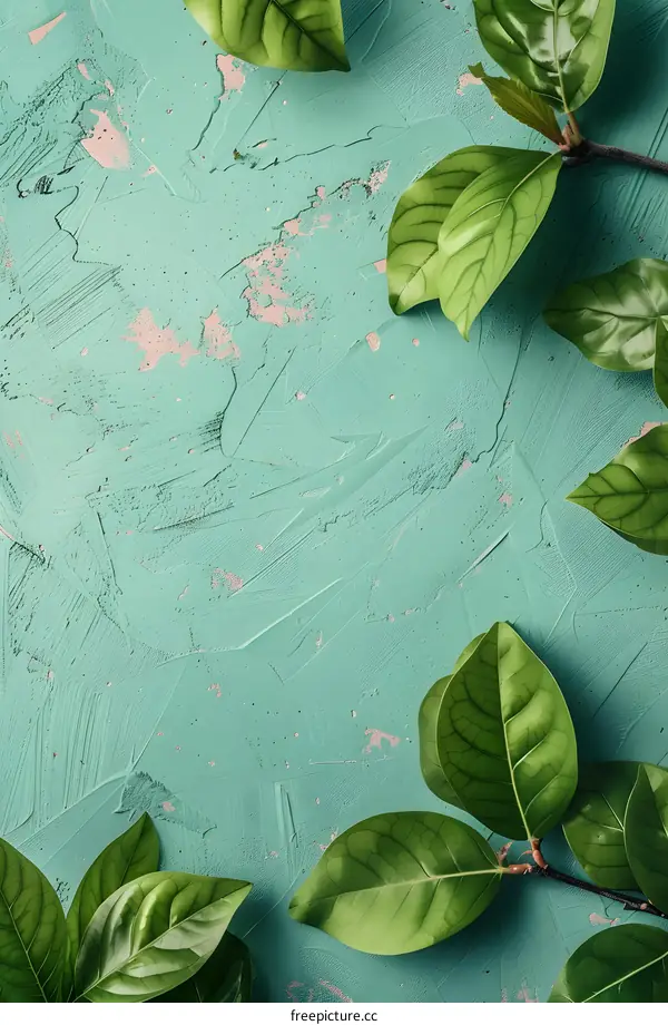 Green Leaves on Turquoise Background