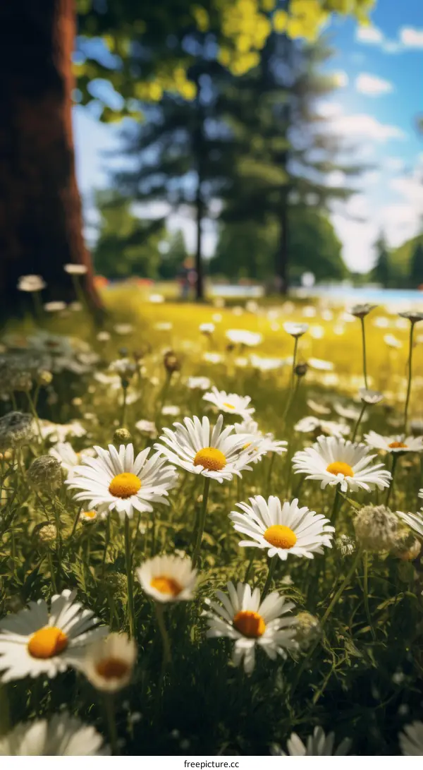 Field of daisies with a tree in the background