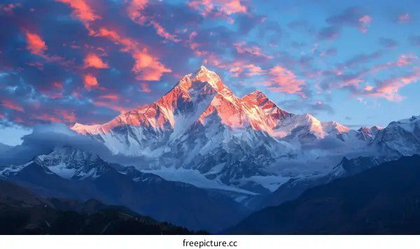 Mount Everest in the Himalayas during sunset