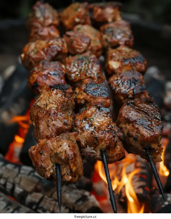 Delicious and juicy beef skewers grilled on an open fire