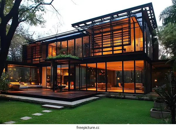 Modern Glass House with a Wooden Deck in the Backyard